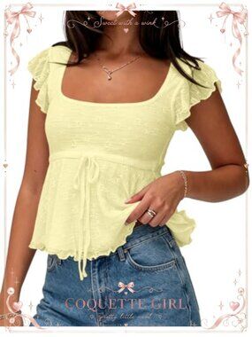 Lace Peplum Babydoll Tank Top Square Neck Tie Front Ruffle Crop Cami